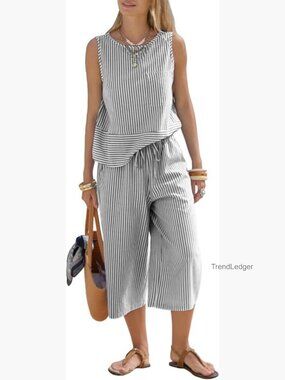 2 Piece Sets for Women Cotton Sleeveless Top Wide Leg Capri Pants Striped